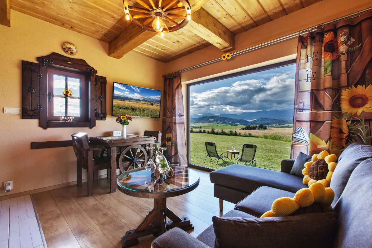 Cabin interior with mountain views